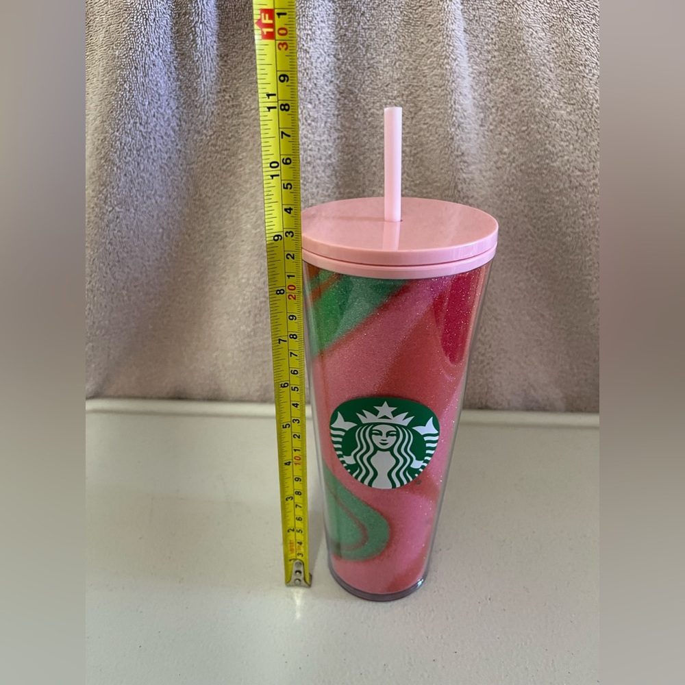 Starbucks 2020 Glitter Pink Green Swirl 24oz Holiday Tumbler with Straw NWT - Picture 6 of 10